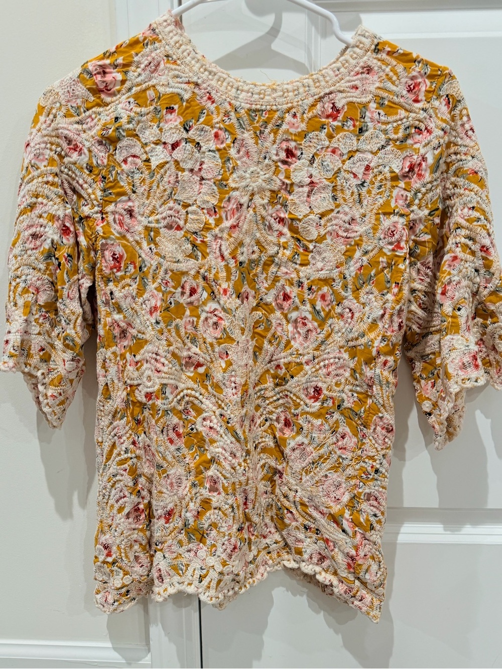 Solitaire- Anthropologie Textured Floral Crochet-Overlay Top in Mustard
